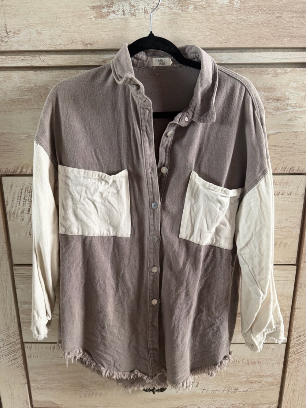 Blushing Brunette Shacket Two-Tone Button-Up Shirt with Fringe Hem